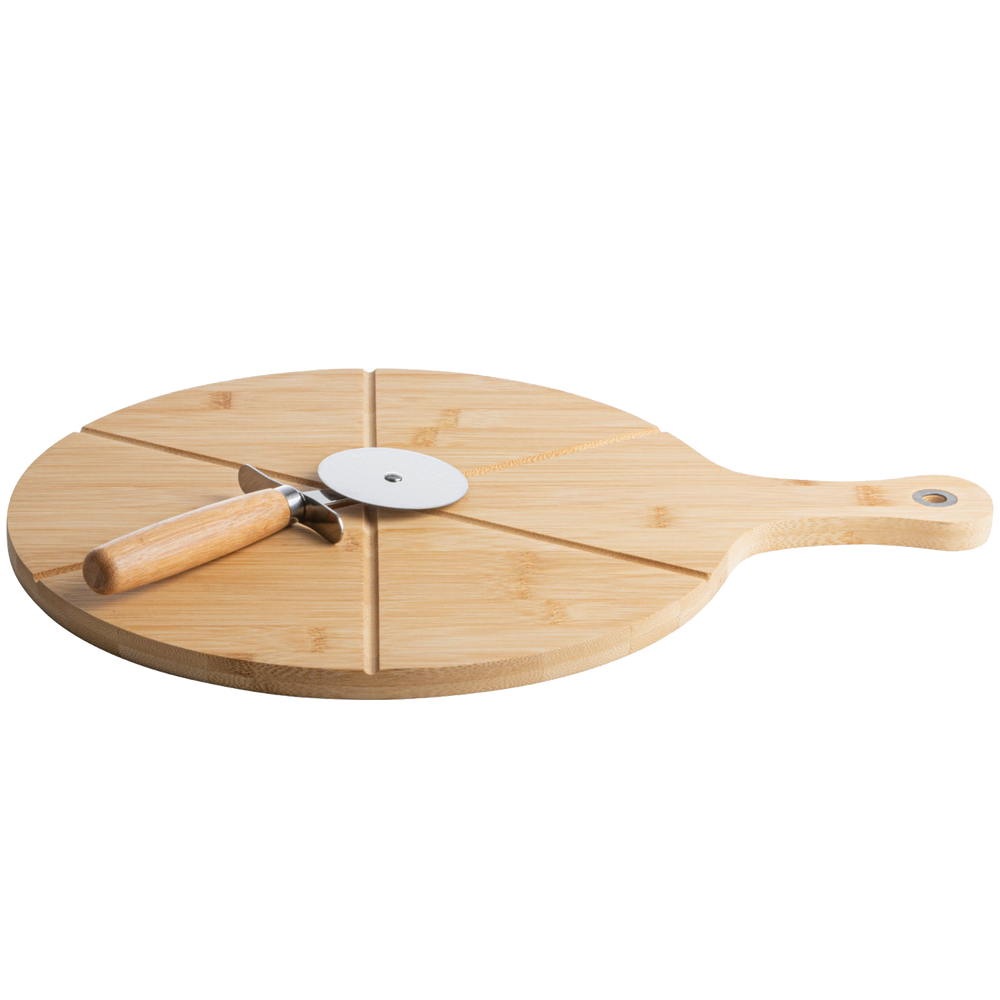 קרש חיתוך פיצה מבמבוק + חותכן פיצה איכותי