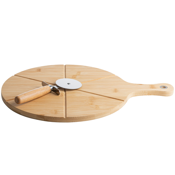 קרש חיתוך פיצה מבמבוק + חותכן פיצה איכותי