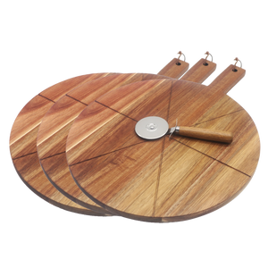 סט 3 קרשי חיתוך פיצה מעץ + חותכן פיצה איכותי