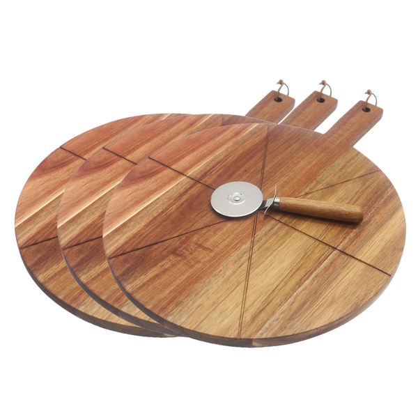 סט 3 קרשי חיתוך פיצה מעץ + חותכן פיצה איכותי