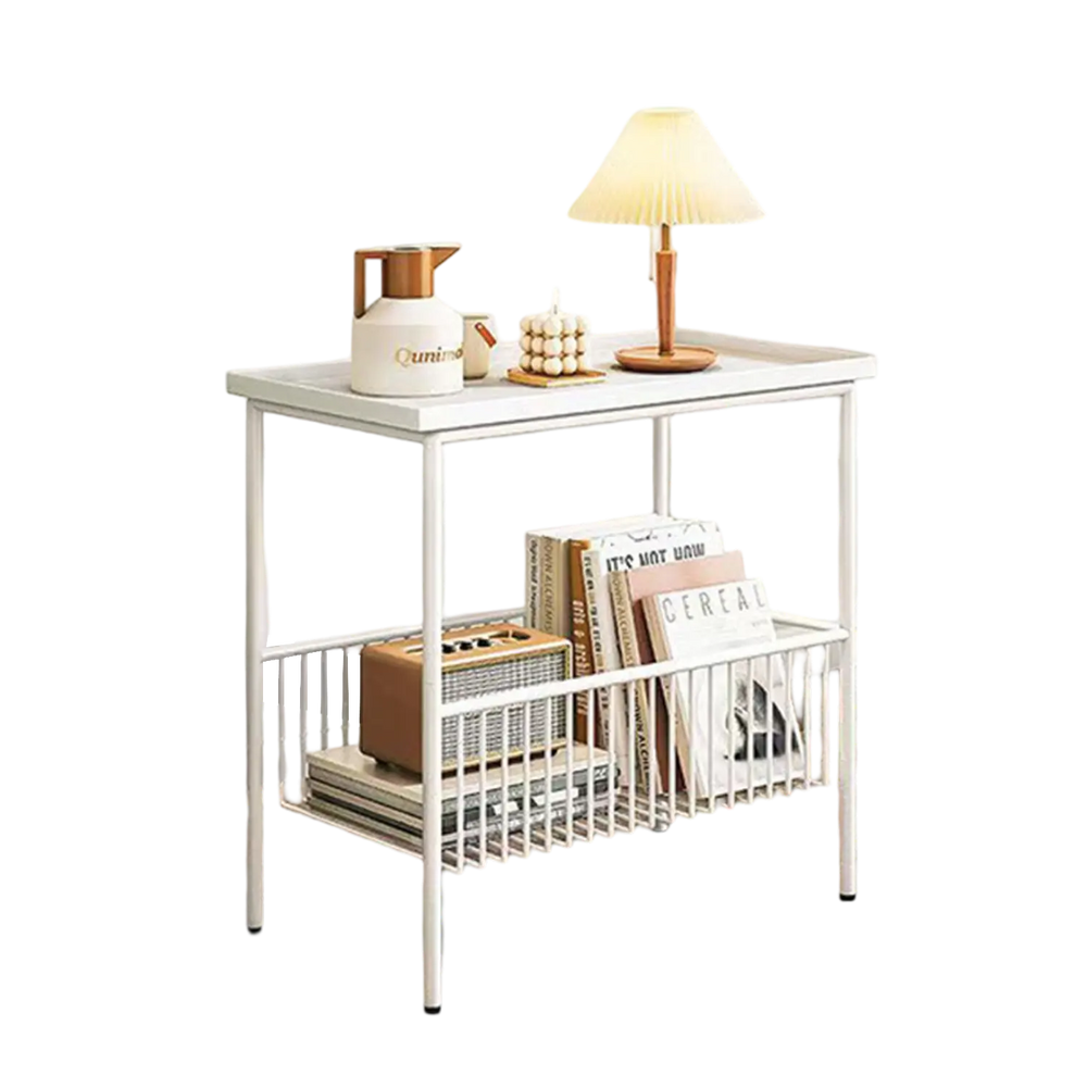 שולחן צד עם מדף אחסון תחתון - לבן