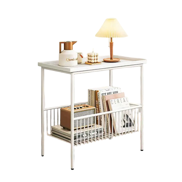 שולחן צד עם מדף אחסון תחתון - לבן