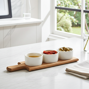 מגש הגשה מעץ בעל ידית עם 3 קעריות