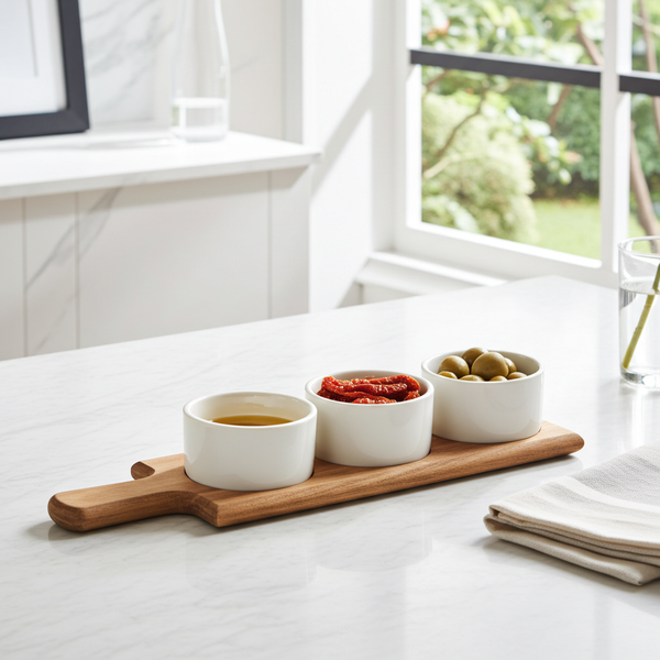 מגש הגשה מעץ בעל ידית עם 3 קעריות